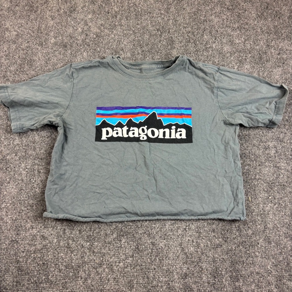 PATAGONIA Girls Grey Crop Short Sleeve Logo Graphic T-Shirt size: Large - 12